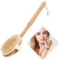 long handle Wooden dry body scrub brush for Exfoliates & Stimulates Blood with 100% Natural Boar Bristles